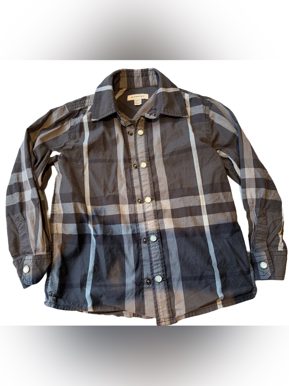 Authentic Burberry Boys Black, Gray & White Plaid Button-Down Shirt